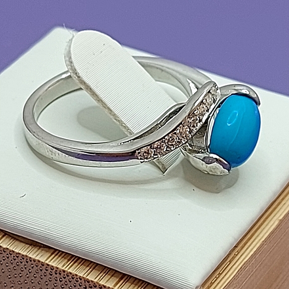 Natural Oval Blue Turquoise 8x6mm & Cz 925 Sterling Silver Ring 6 - Picture 7 of 11